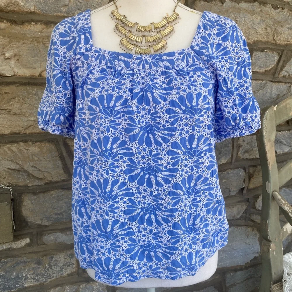 Loft Eyelet Bubble Sleeve Square Neck Top Size Small EUC